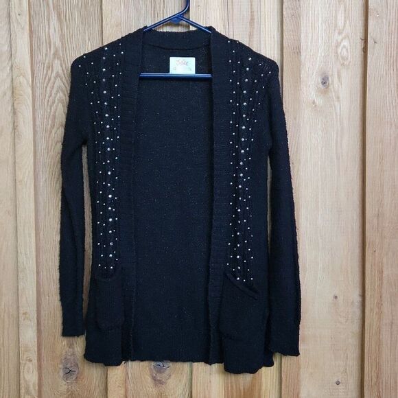 Justice Tunic Knit Cardigan Sweater Size 12 Black Metallic & Silver Beads - Picture 1 of 6